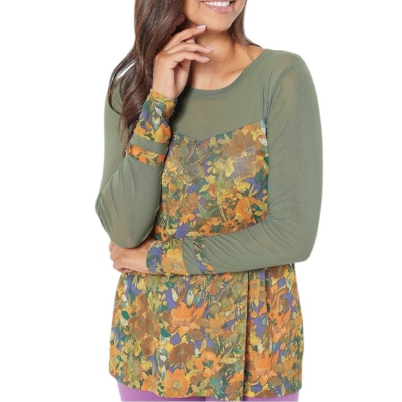 🔥SALE🔥LOGO LAYERS BY LORI GOLDSTEIN SHEER MESH LONG SLEEVE PRINT TOP SZ L - Picture 2 of 12